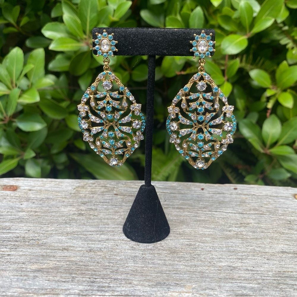 Gold & Blue Sparkly Rhinestone Dangle Statement Post Earrings Date Night Party - Picture 2 of 4